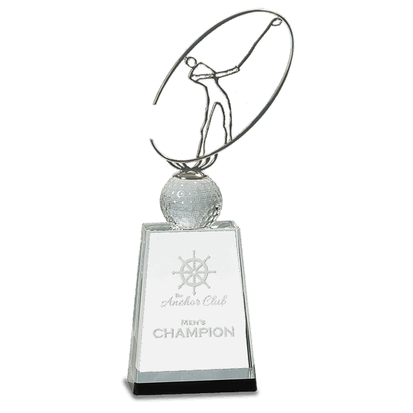 12" Clear/Black Crystal Golf Award with Silver Metal Oval Figure