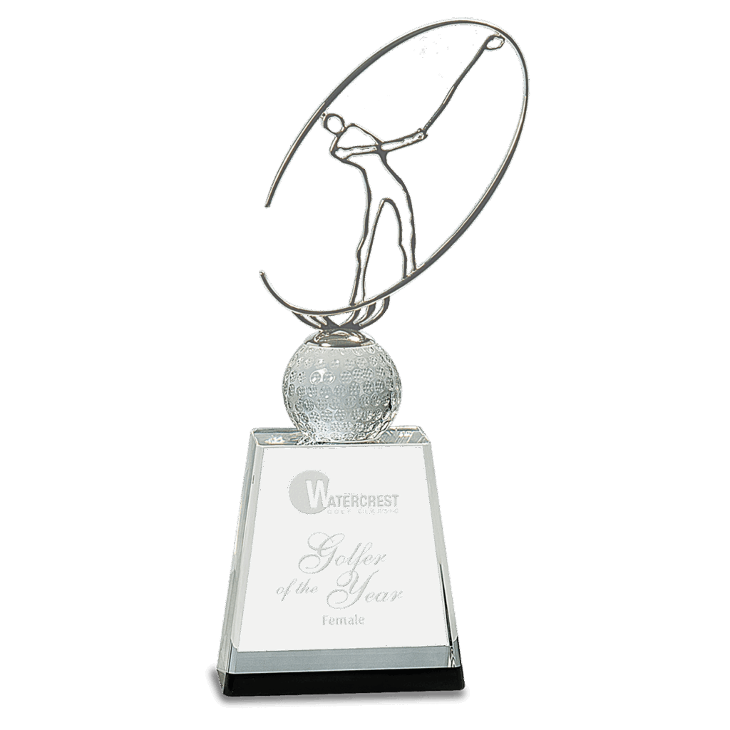 11" Clear/Black Crystal Golf Award with Silver Metal Oval Figure