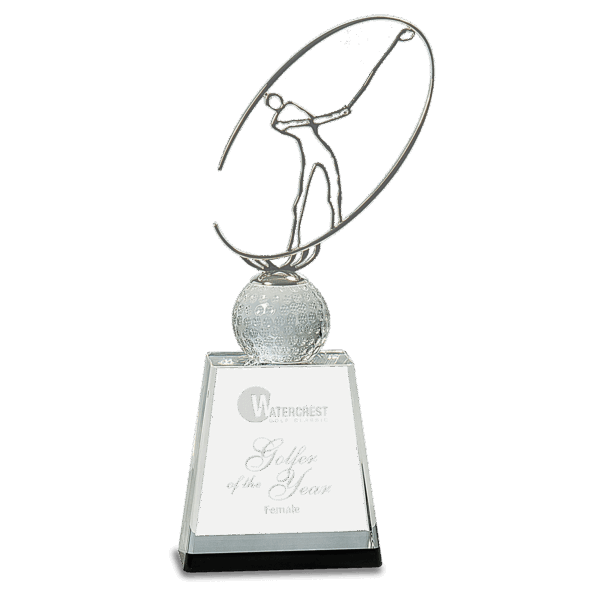 11" Clear/Black Crystal Golf Award with Silver Metal Oval Figure
