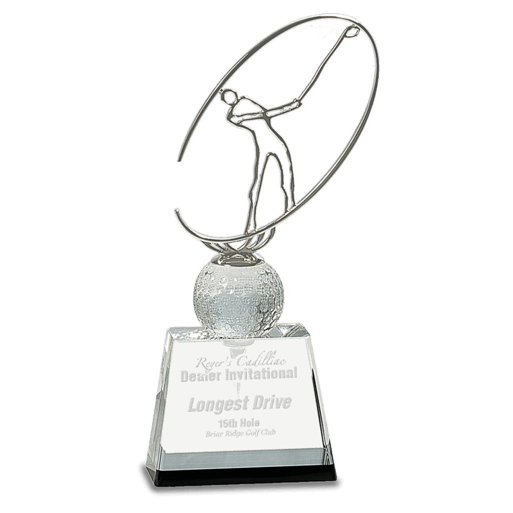 10" Clear/Black Crystal Golf Award with Silver Metal Oval Figure