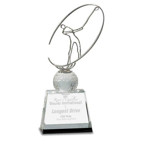 10" Clear/Black Crystal Golf Award with Silver Metal Oval Figure