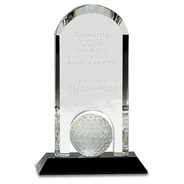 9" Clear Crystal Dome with Inset Golf Ball on Black Pedestal Base