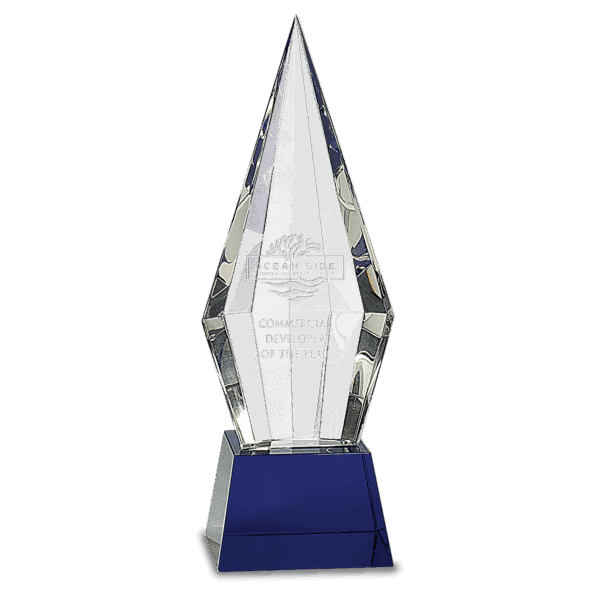 11" Obelisk Facet Crystal on Blue Pedestal Base