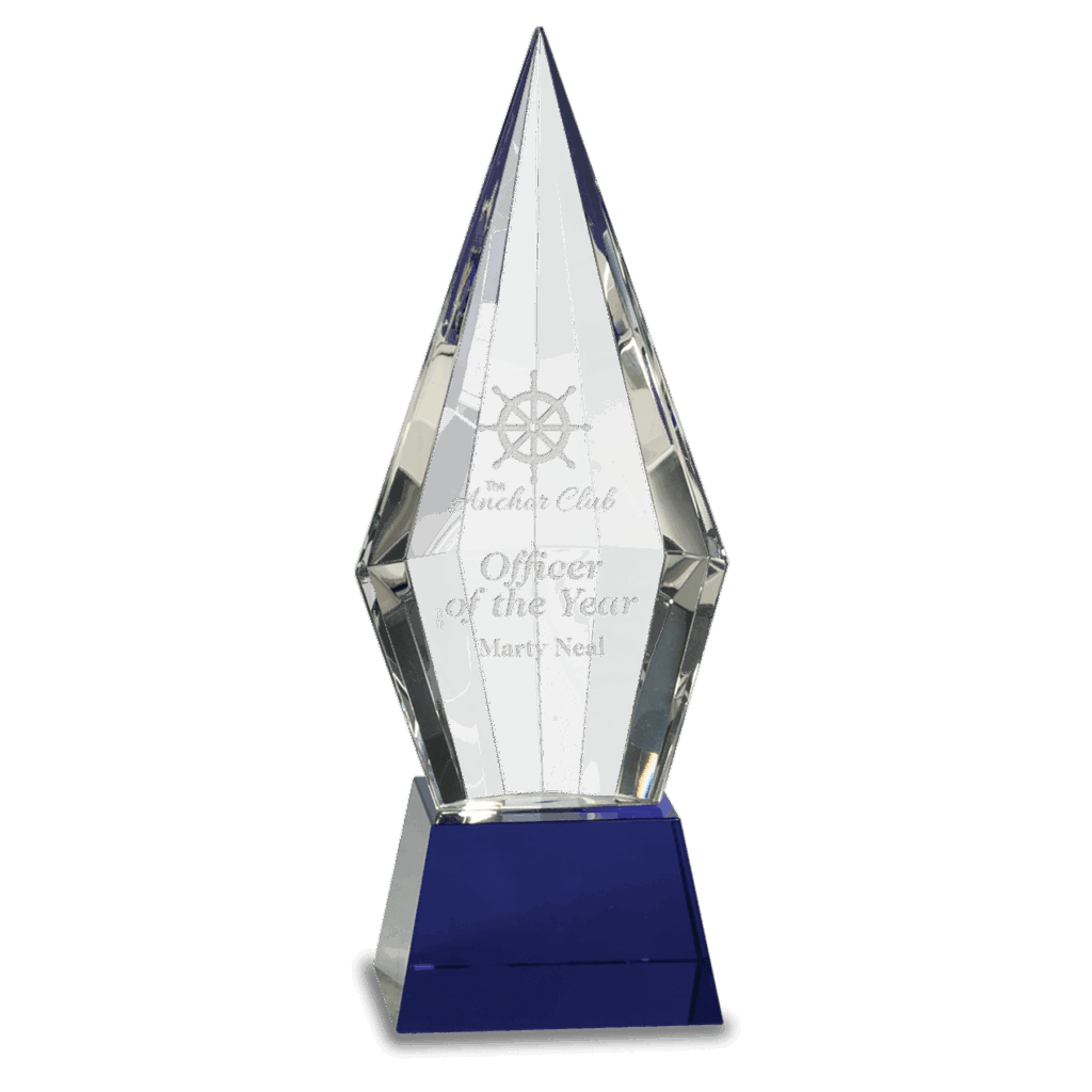 9 1/2" Obelisk Facet Crystal on Blue Pedestal Base