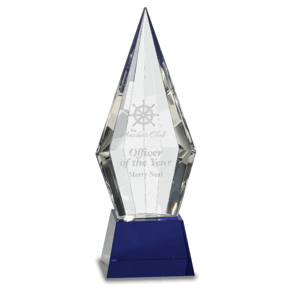 9 1/2" Obelisk Facet Crystal on Blue Pedestal Base