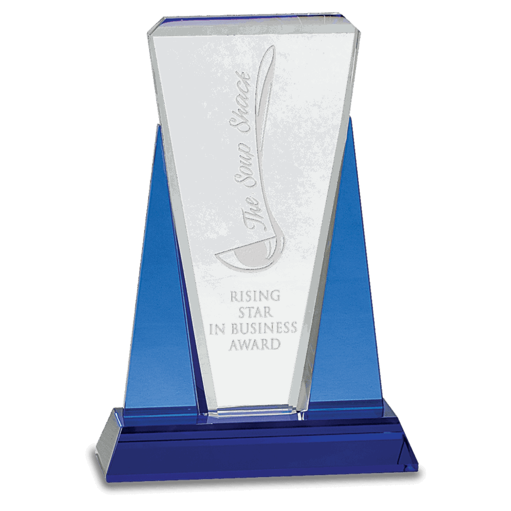 6" x 8 1/2" Blue/Clear Wedge Crystal on Blue Pedestal Base