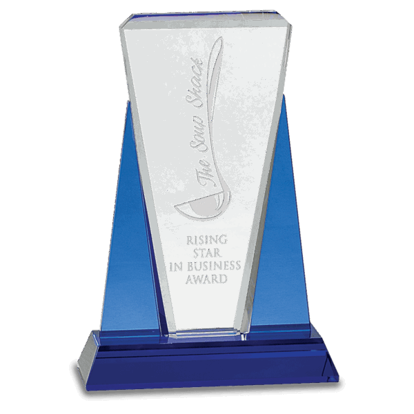 6" x 8 1/2" Blue/Clear Wedge Crystal on Blue Pedestal Base