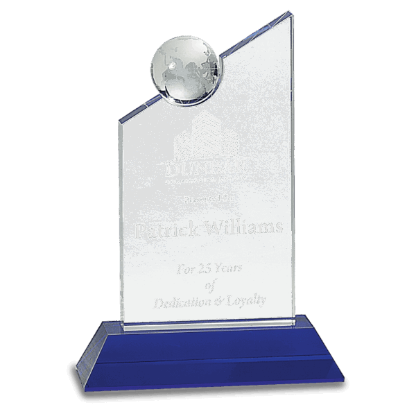 8 1/4" Clear Crystal with Inset Crystal Globe and Blue Base