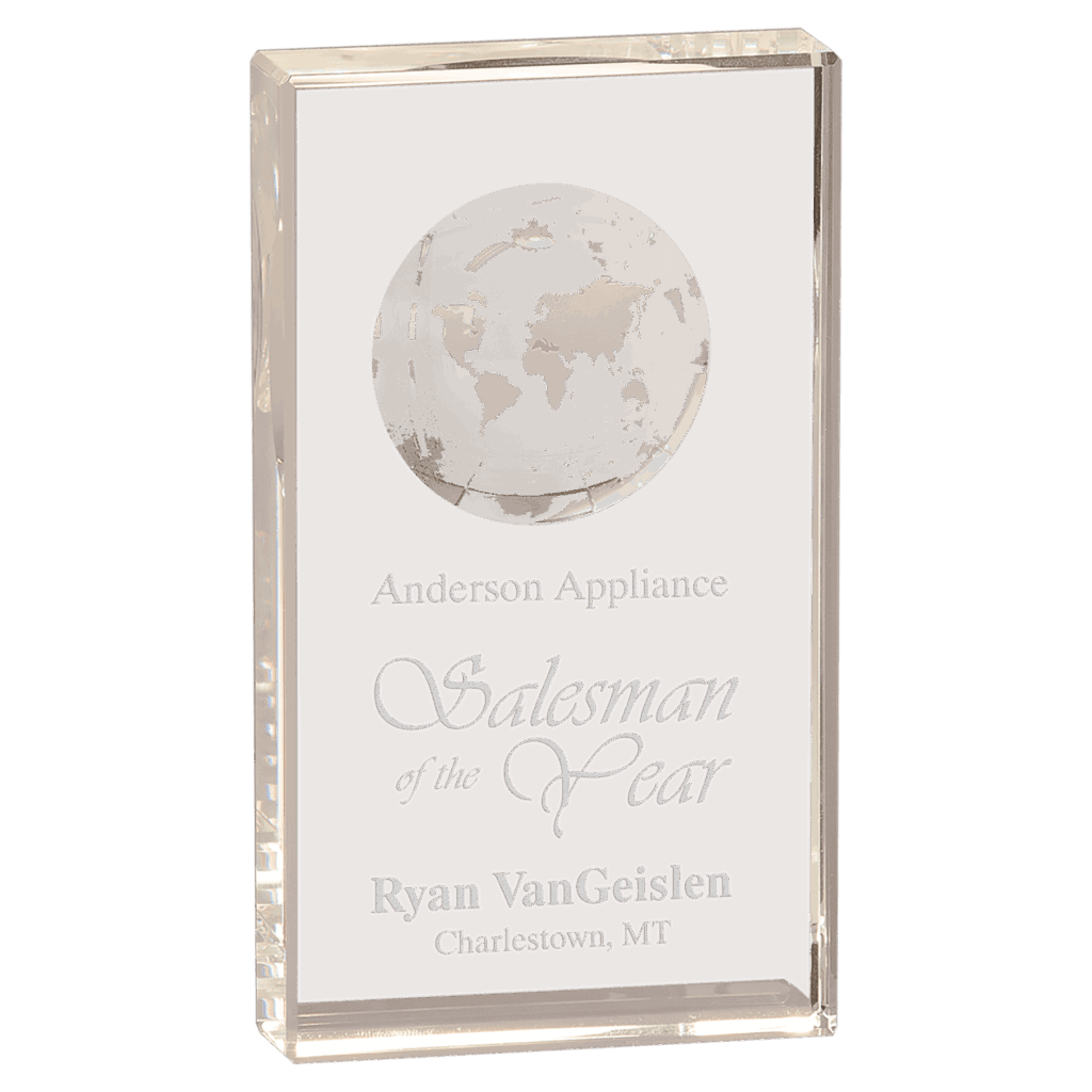 7" Clear Crystal Rectangle with Globe Etching