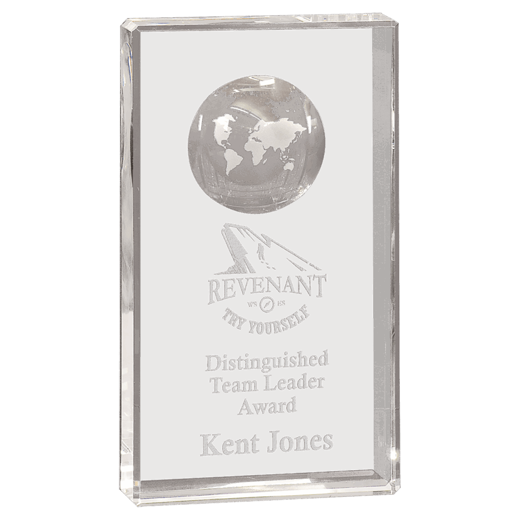 8" Clear Crystal Rectangle with Globe Etching