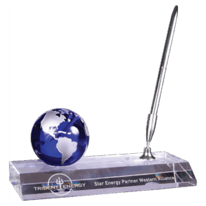 7" x 3" Blue Crystal Globe with Base and Pen