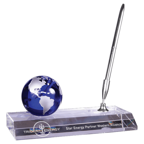 7" x 3" Blue Crystal Globe with Base and Pen