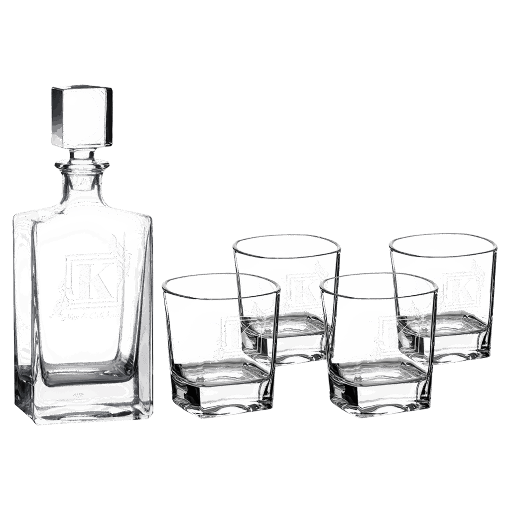 Polar Camel 810 mL Rectangle Glass Decanter Set with Four 8 oz. Rocks Glasses in Black Gift Box with Printed Paper Sleeve