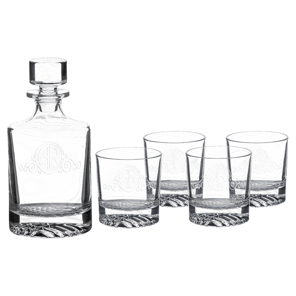 Polar Camel 850 mL Round Glass Decanter Set with Four 9 oz. Rocks Glasses in Black Gift Box with Printed Paper Sleeve