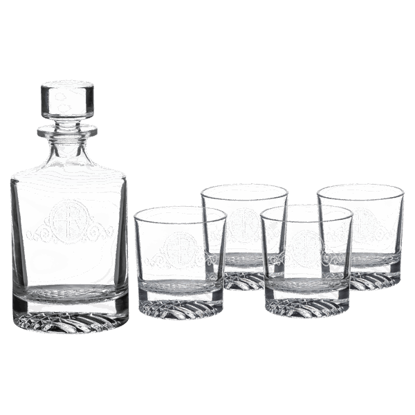 Polar Camel 850 mL Round Glass Decanter Set with Four 9 oz. Rocks Glasses in Black Gift Box with Printed Paper Sleeve