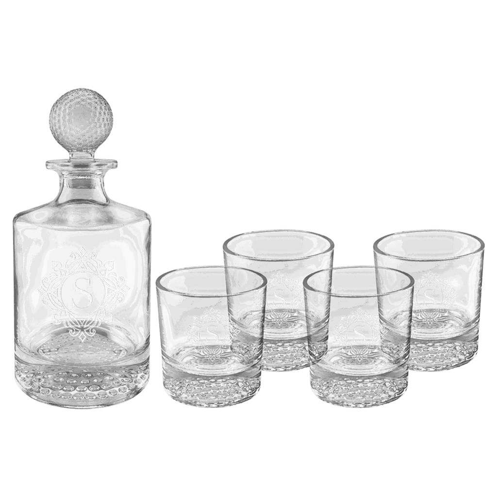 Polar Camel 850mL Round Golf Glass Decanter Set with Four 9 oz. Golf Rocks Glasses in Black Gift Box with Printed Paper Sleeve