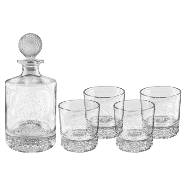 Polar Camel 850mL Round Golf Glass Decanter Set with Four 9 oz. Golf Rocks Glasses in Black Gift Box with Printed Paper Sleeve