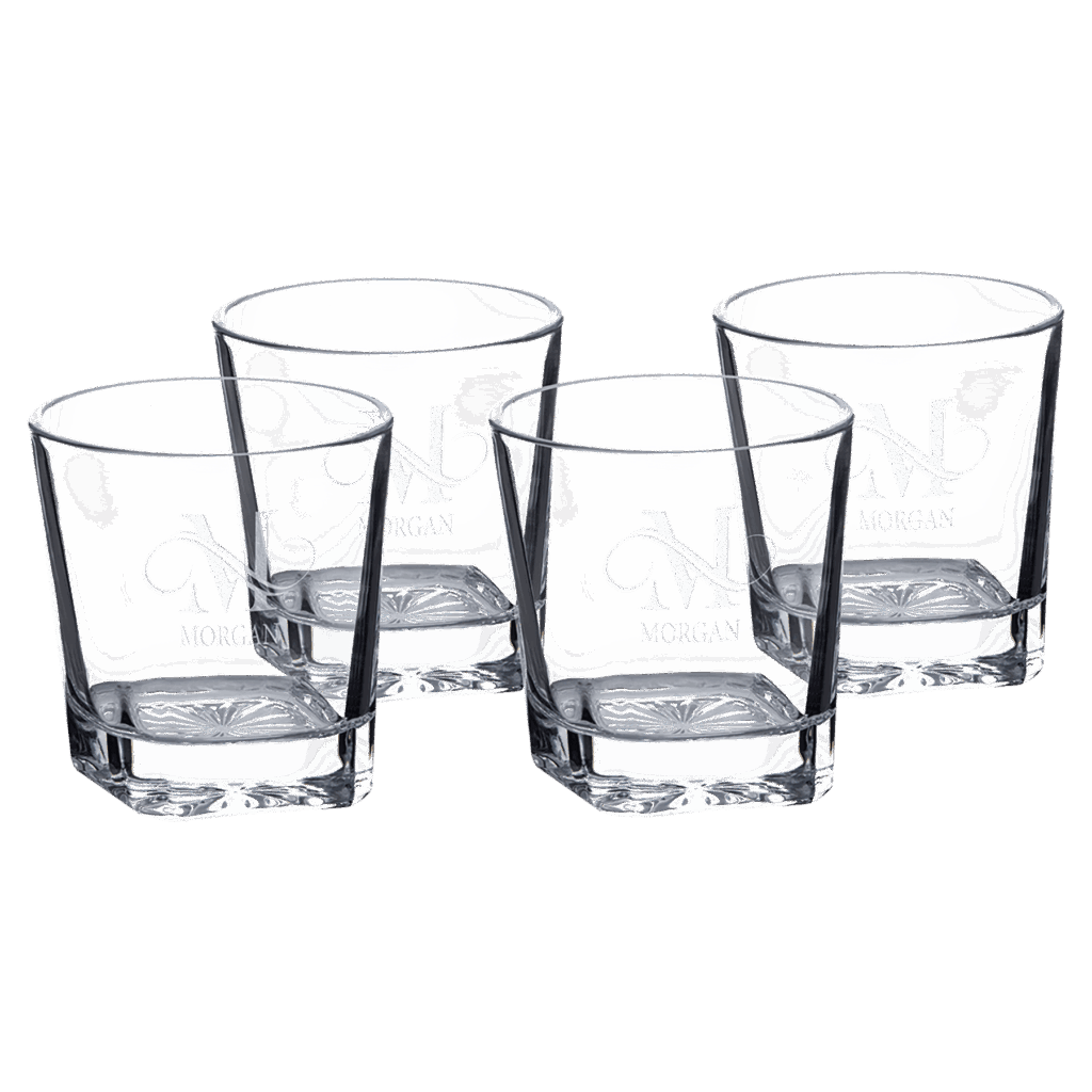 Four Polar Camel 11 oz. Square Rocks Glasses in Black Gift Box with Printed Paper Sleeve