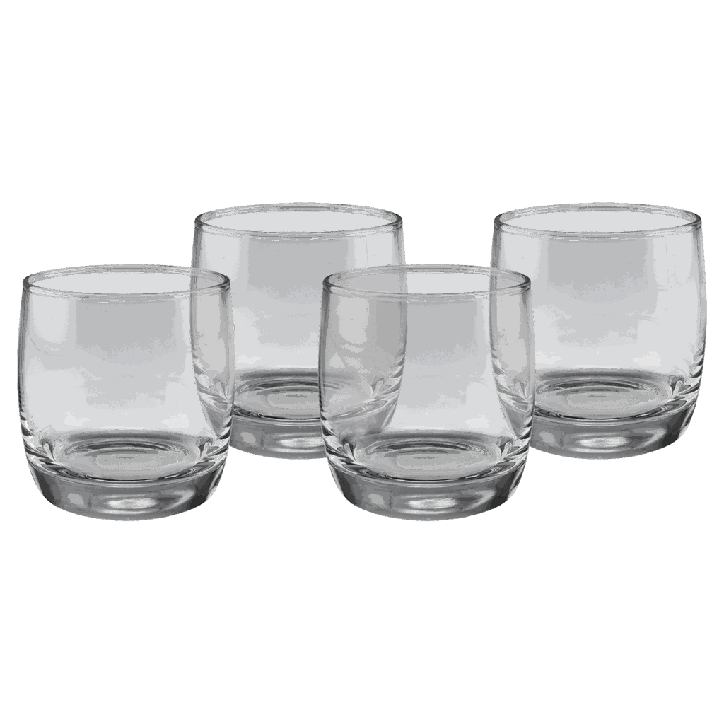 Four Polar Camel 10 oz. Round Rocks Glasses in Black Gift Box with Printed Paper Sleeve