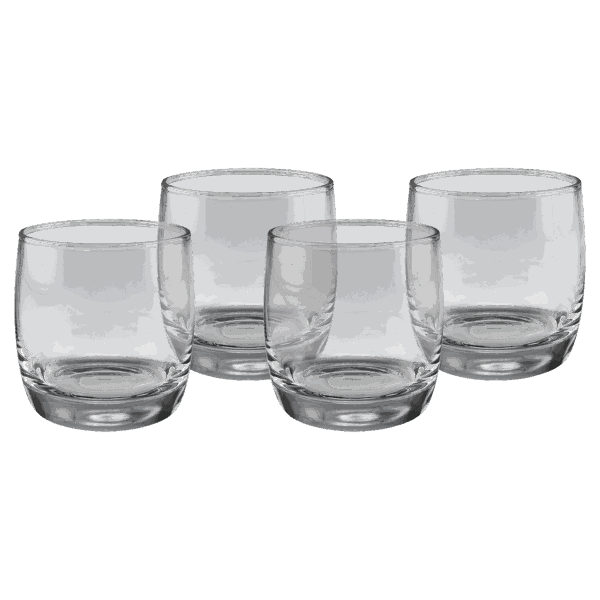 Four Polar Camel 10 oz. Round Rocks Glasses in Black Gift Box with Printed Paper Sleeve