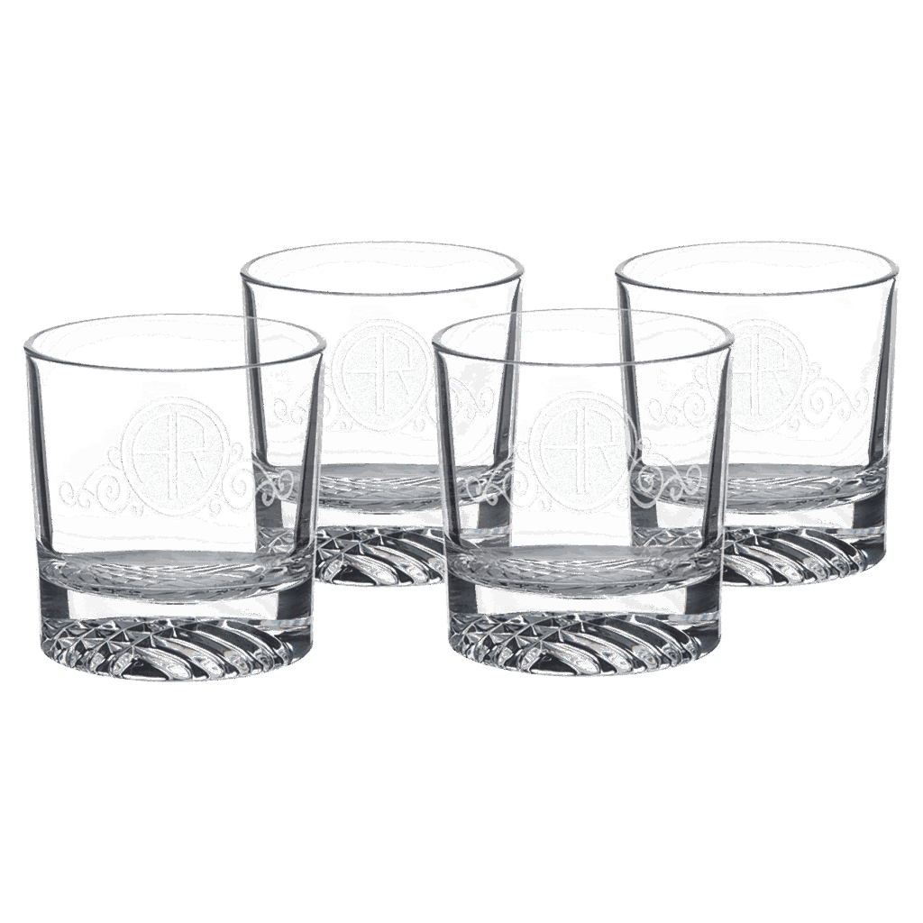 Four Polar Camel 9 oz. Round Rocks Glasses in Black Gift Box with Printed Paper Sleeve