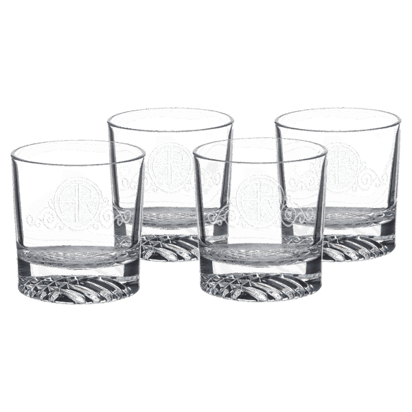 Four Polar Camel 9 oz. Round Rocks Glasses in Black Gift Box with Printed Paper Sleeve