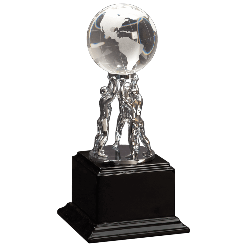 10" Clear Crystal Globe with Silver Men/Stand on Black Piano Finish Base