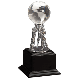 10" Clear Crystal Globe with Silver Men/Stand on Black Piano Finish Base