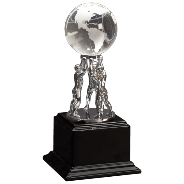 10" Clear Crystal Globe with Silver Men/Stand on Black Piano Finish Base