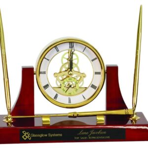 10 1/2" x 6" Executive Gold/Rosewood Piano Finish Clock w/2 Pens/Letter Opener