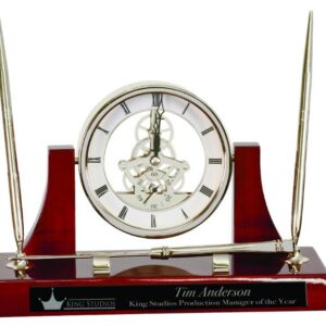 10 1/2" x 6" Executive Silver/Rosewood Piano Finish Clock w/2 Pens/Letter Opener