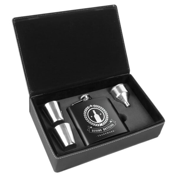 6 oz. Black Stainless Steel Flask Set in Black/Silver Laserable Leatherette Box