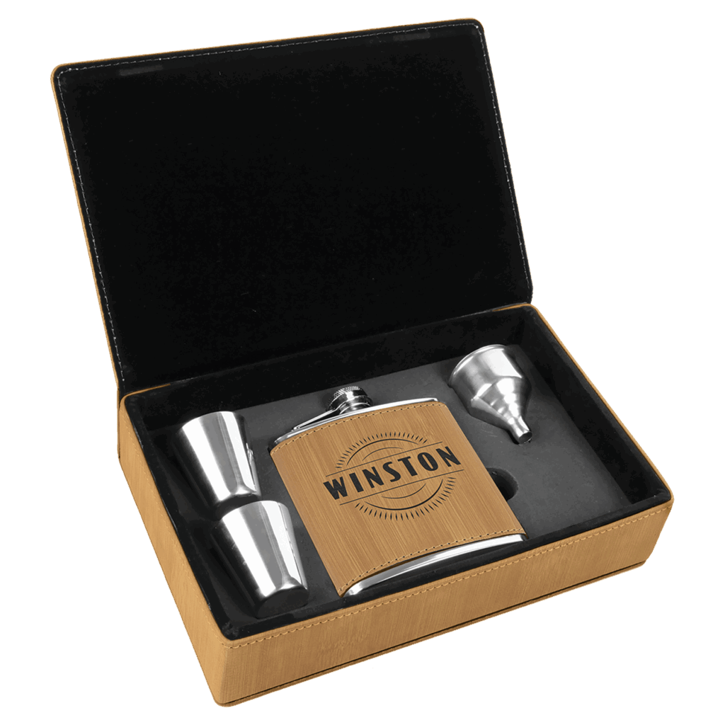 6 oz. Bamboo Laserable Leatherette Flask Gift Set