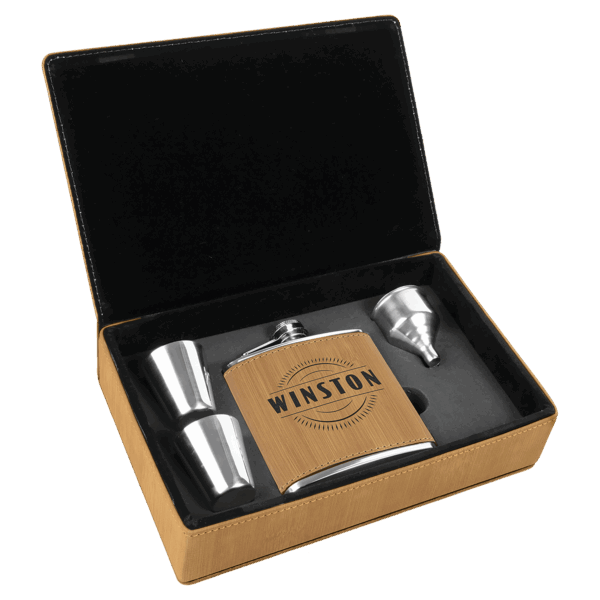 6 oz. Bamboo Laserable Leatherette Flask Gift Set