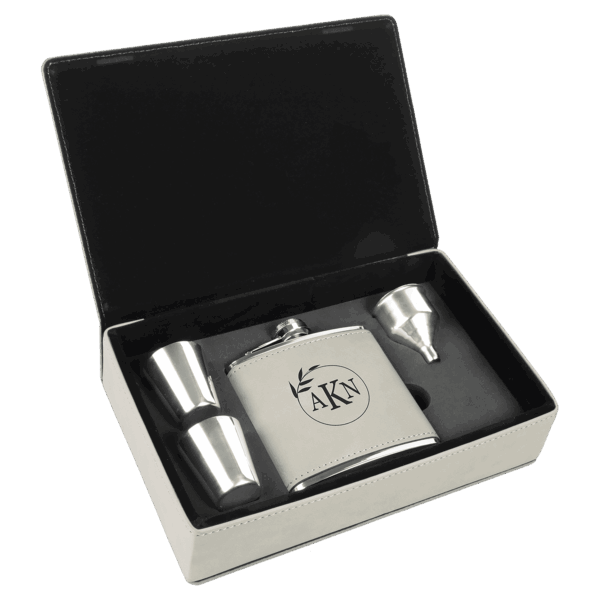 6 oz. White Laserable Leatherette Flask Gift Set