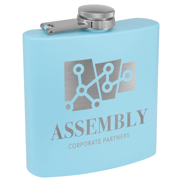 6 oz. Matte Light Blue Powder Coated Laserable Stainless Steel Flask