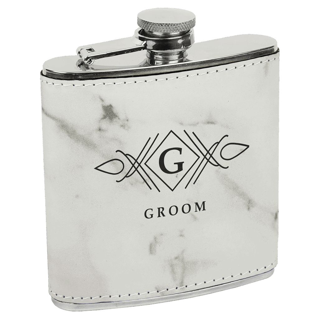 6 oz.White Marble Laserable Leatherette Stainless Steel Flask