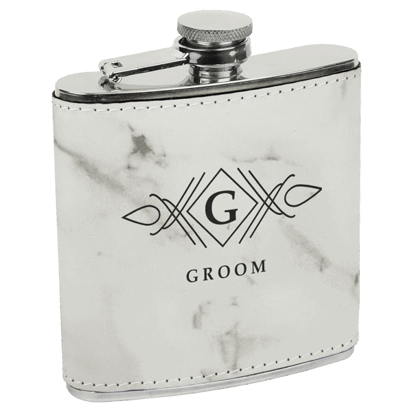 6 oz.White Marble Laserable Leatherette Stainless Steel Flask