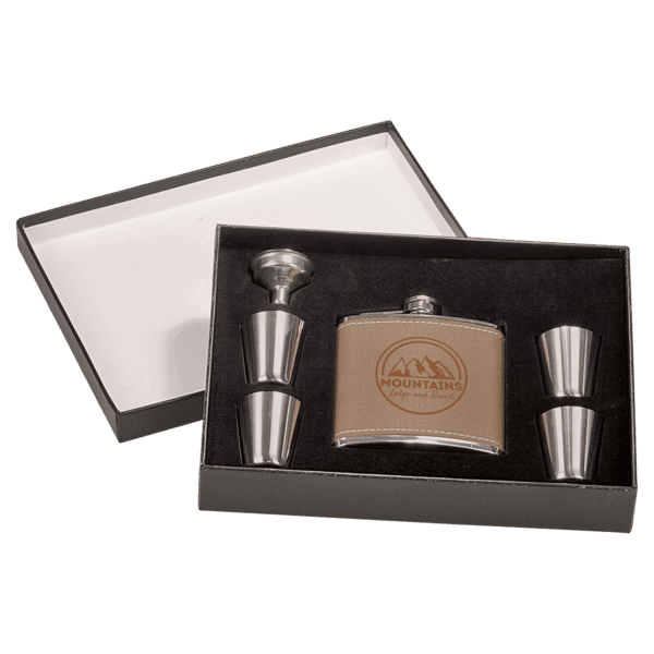 6 oz. Leather Flask Set in Black Presentation Box