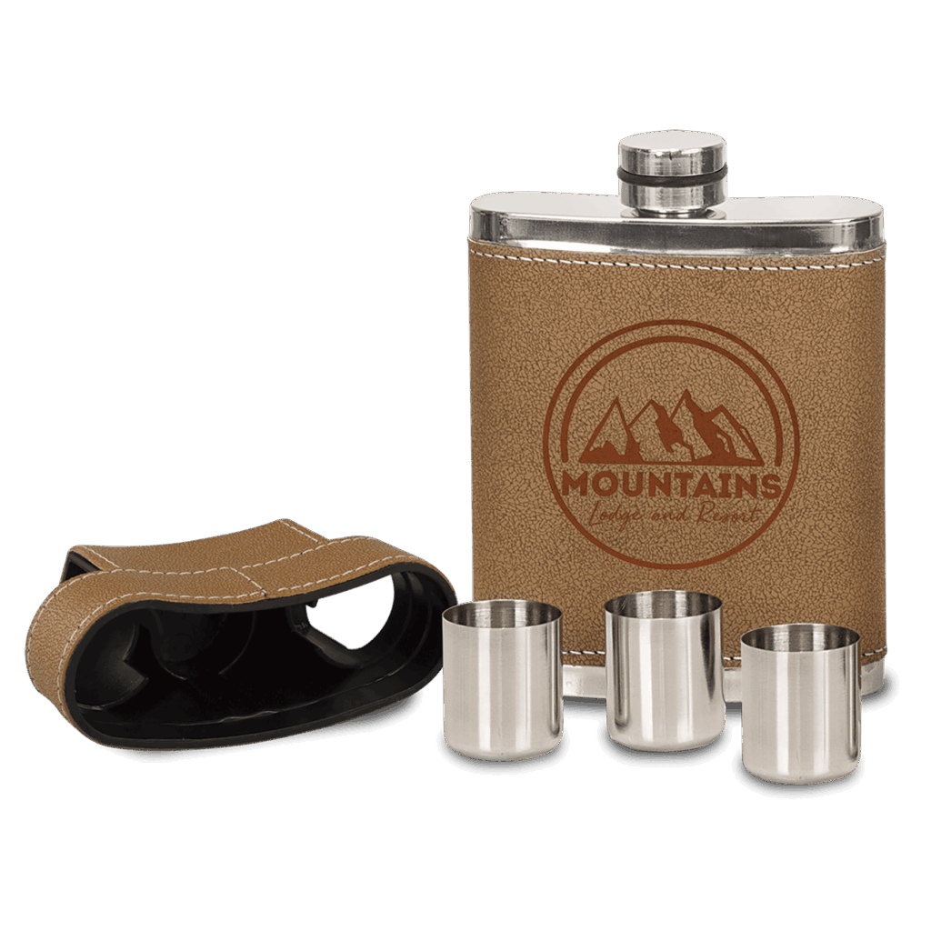 7 oz. Leather Flask with Lid & 3 Shot Glasses