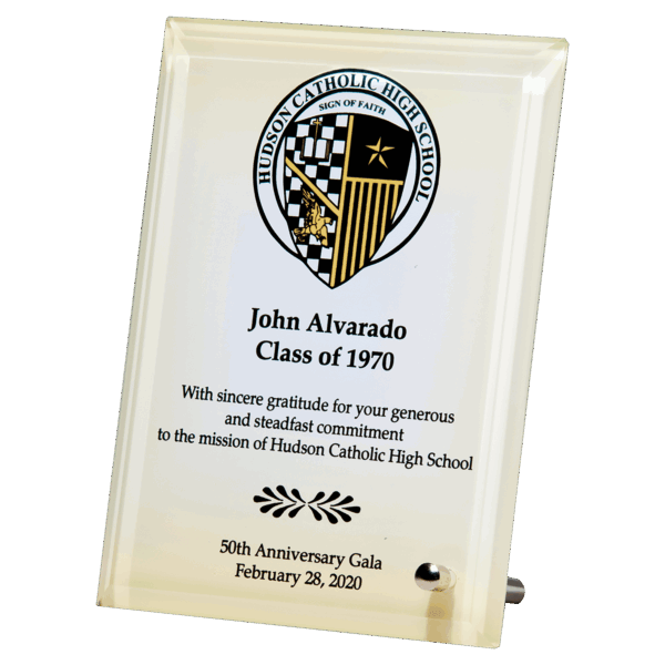 7" x 9" Sublimated Glass Plaque with Silver Post for Portrait or Landscape Presentation