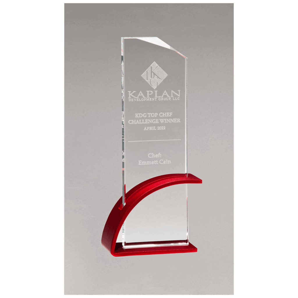 3 7/8" x 8 1/2" x 1/2" Thick Red Contemporary Clear Glass Award, Arched    Base with Matte Metallic Finish