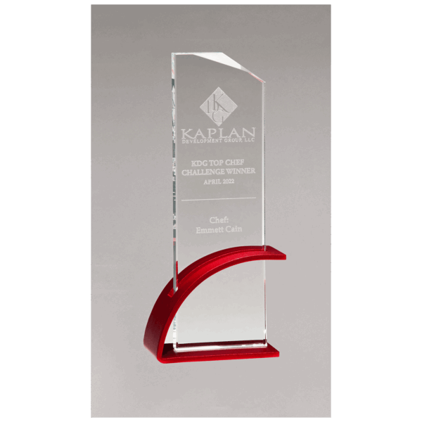 3 7/8" x 10 1/8" x 1/2" Thick Red Contemporary Clear Glass Award, Arched Base with Matte Metallic Finish