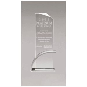 8 7/8" x 9 3/8" x 1/2" Thick Silver Contemporary Clear Glass Award, Arched Base with Matte Metallic Finish