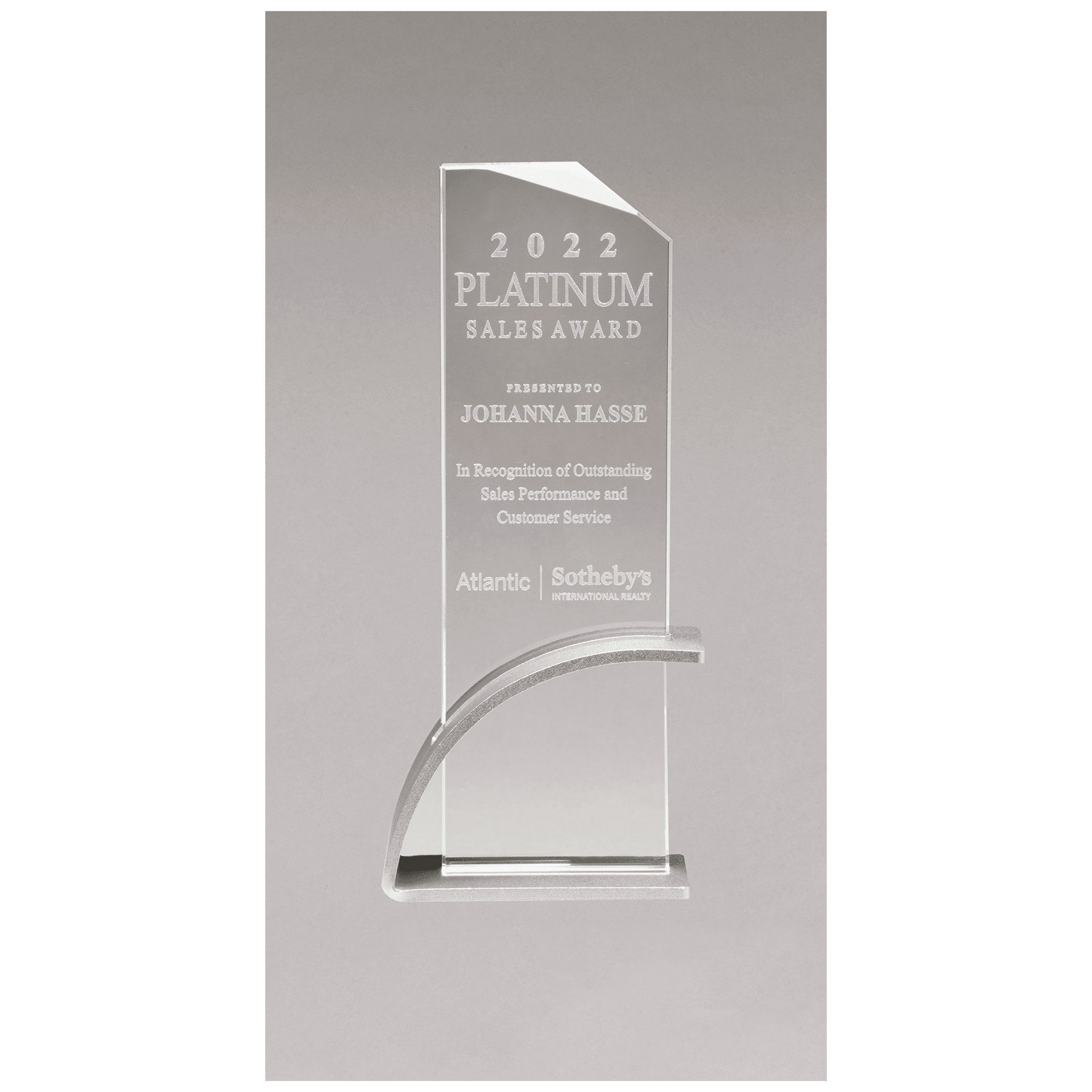 8 7/8" x 9 3/8" x 1/2" Thick Silver Contemporary Clear Glass Award, Arched Base with Matte Metallic Finish
