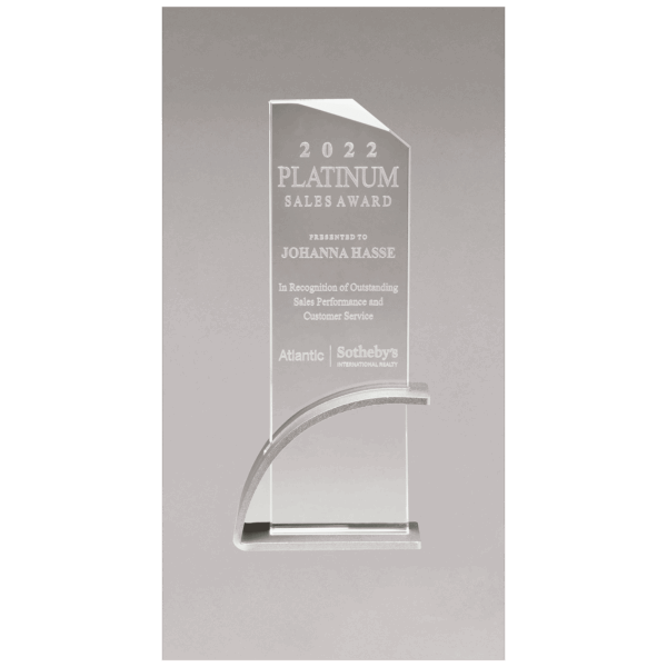 3 7/8" x 10 1/8" x 1/2" Thick Silver Contemporary Clear Glass Award, Arched Base with Matte Metallic Finish