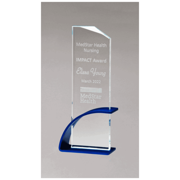 3 7/8" x 9 3/8" x 1/2" Thick Blue Contemporary Clear Glass Award, Arched Base with Matte Metallic Finish