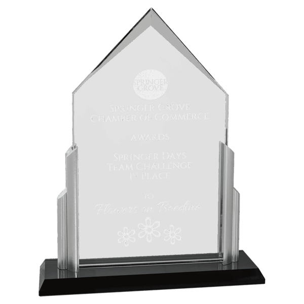 7" x 10 1/4" x 3/8" Thick Peak Series Clear Glass Top with Brushed Silver  Posts and Black Glass Base
