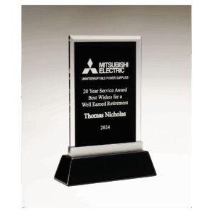 5 1/4" x 8 7/8" Rectangular Black Silkscreened Glass Award with Black Piano Finish Base