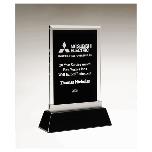 5 1/4" x 8 7/8" Rectangular Black Silkscreened Glass Award with Black Piano Finish Base
